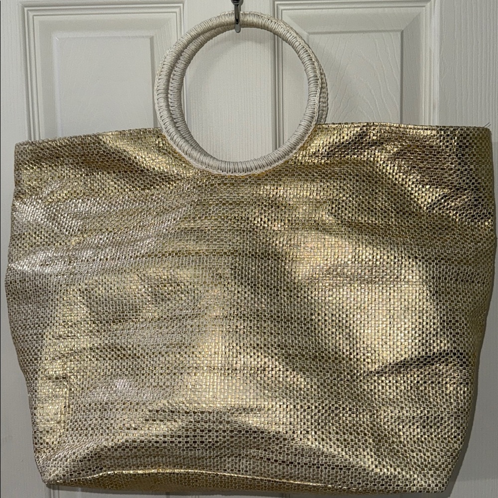 Gold Metallic Tote Bag with Round Handles
